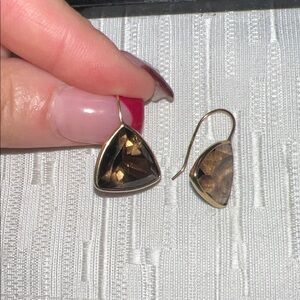 Estate 14KT Yellow Gold Checkerboard Triangle Smokey Quartz Dangle Earrings